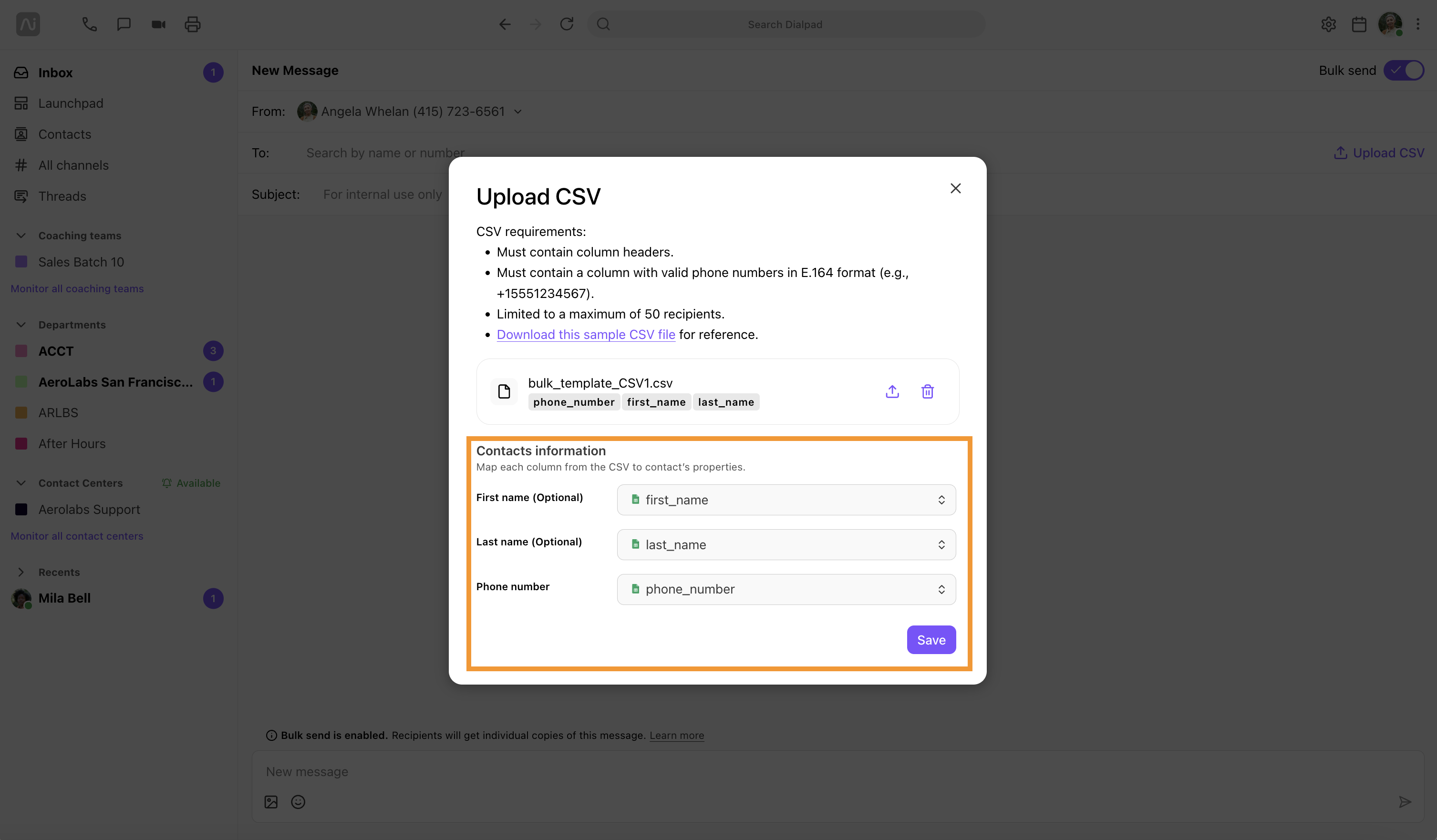 Upload CSV interface showing contact mapping fields for first name, last name, and phone number.